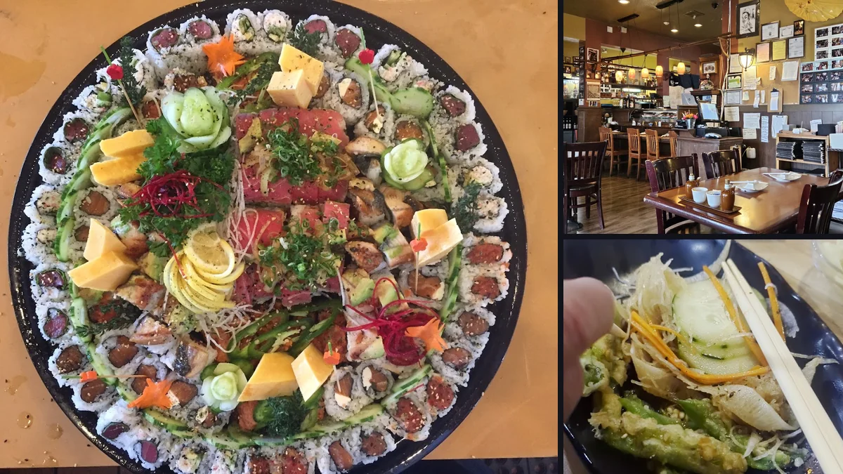 Fresh sushi selection beside dipping sauces