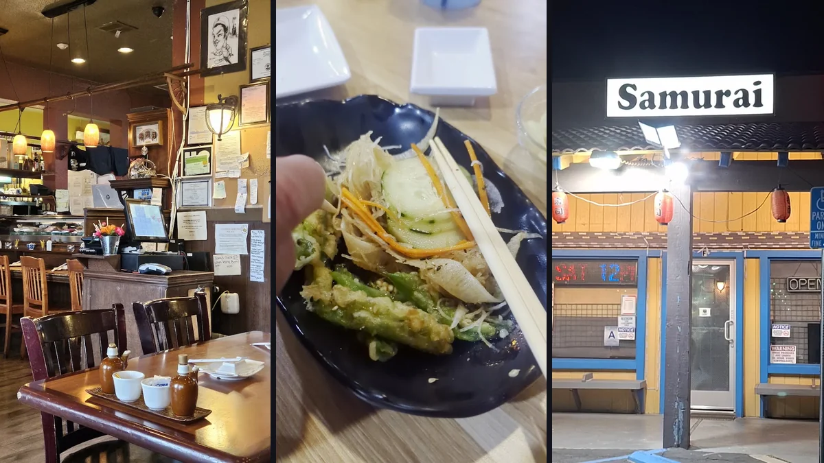 Tempura and salad served on white dishes