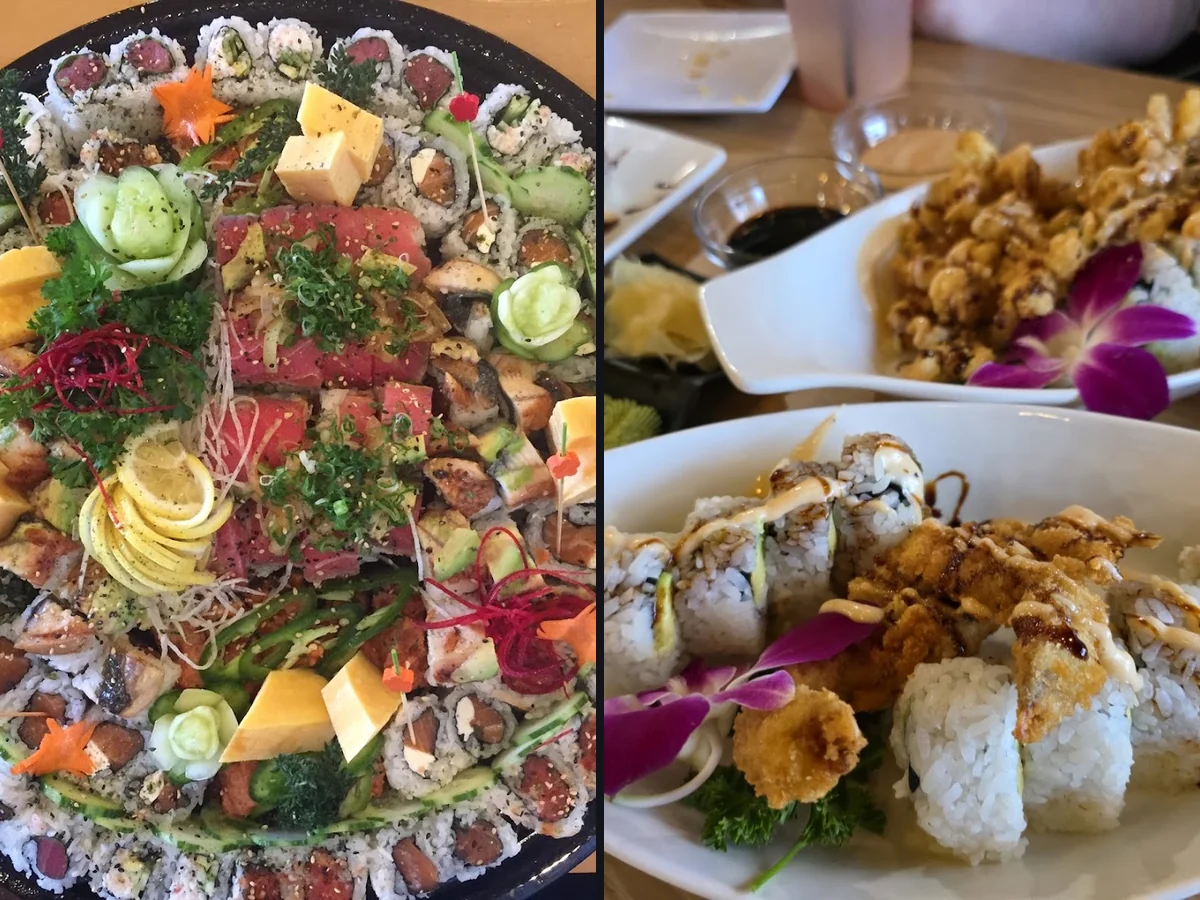 Fresh sushi selection beside dipping sauces
